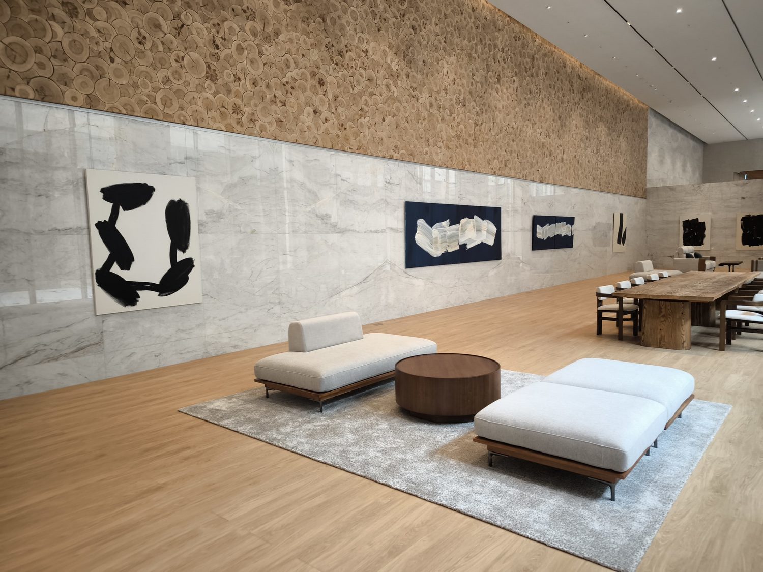 A marble interior hung with contemporary art